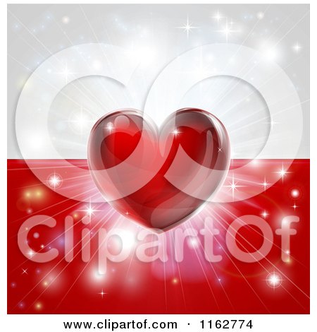 Clipart of a Shiny Red Heart and Fireworks over a Poland Flag - Royalty Free Vector Illustration by AtStockIllustration