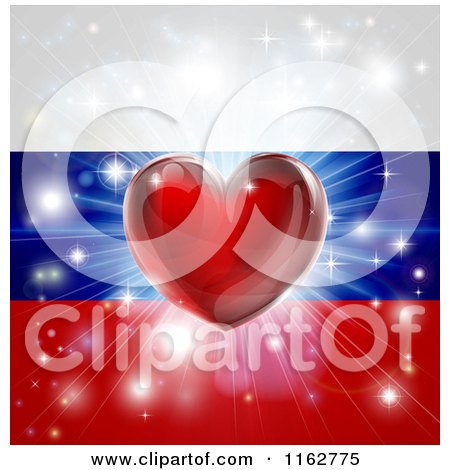 Clipart of a Shiny Red Heart and Fireworks over a Russia Flag - Royalty Free Vector Illustration by AtStockIllustration