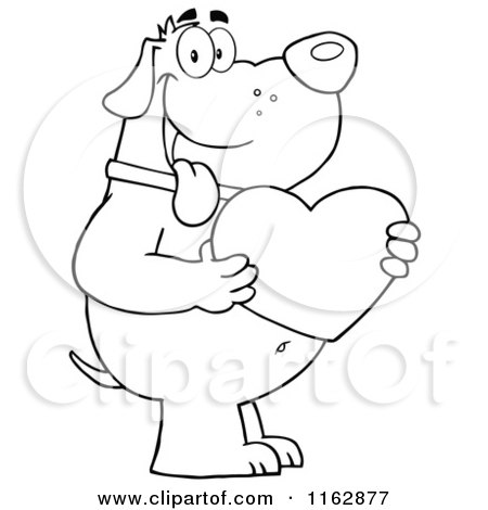 Cartoon of an Outlined Chubby Dog Standing and Holding a Heart - Royalty Free Vector Clipart by Hit Toon