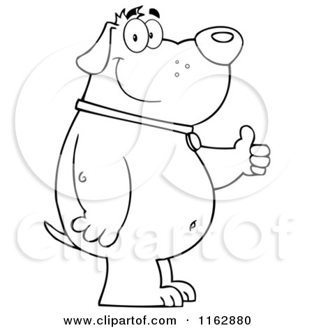 Cartoon of an Outlined Chubby Dog Standing and Holding a Thumb up - Royalty Free Vector Clipart by Hit Toon