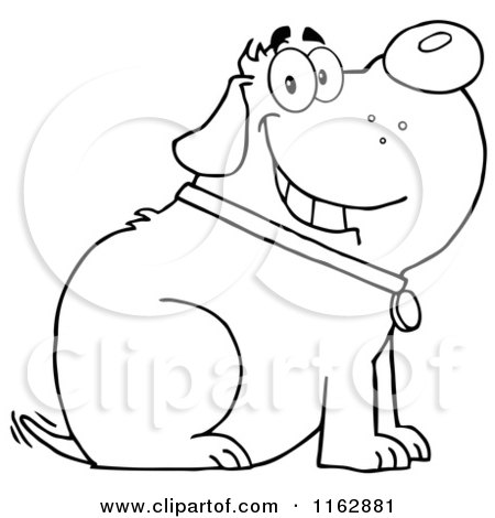 Cartoon of an Outlined Chubby Dog Sitting and Wagging Its Tail - Royalty Free Vector Clipart by Hit Toon