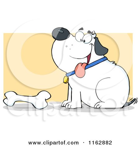 Cartoon of a Happy Chubby White Dog Sitting by a Bone on Yellow - Royalty Free Vector Clipart by Hit Toon