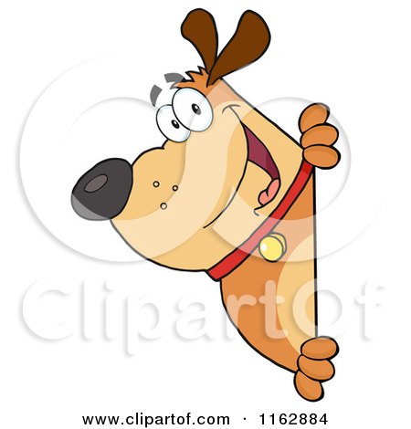Cartoon of a Happy Chubby Brown Dog Looking Around a Sign - Royalty Free Vector Clipart by Hit Toon