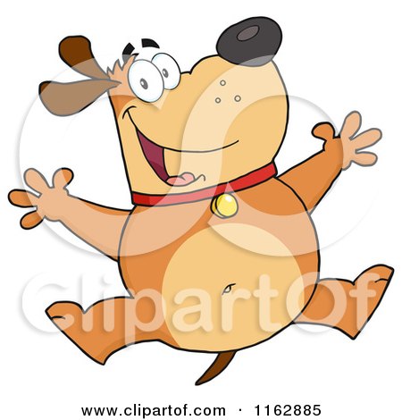 Cartoon of a Happy Chubby Brown Dog Jumping - Royalty Free Vector Clipart by Hit Toon