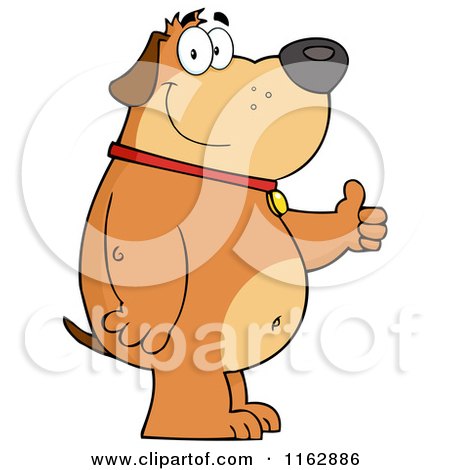 Cartoon of a Happy Chubby Brown Dog Standing and Holding a Thumb up - Royalty Free Vector Clipart by Hit Toon