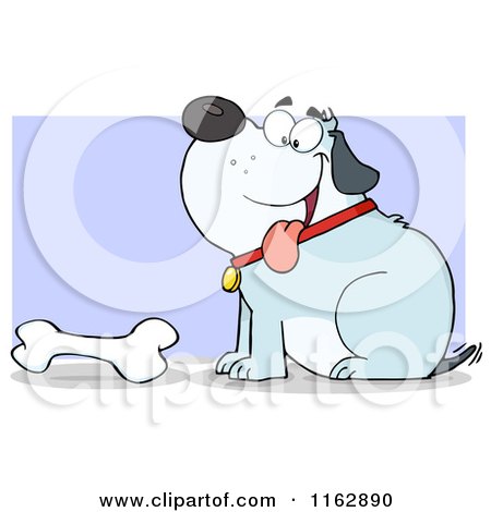 Cartoon of a Happy Chubby Blue Dog Sitting by a Bone on Purple - Royalty Free Vector Clipart by Hit Toon