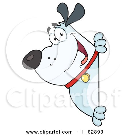 Cartoon of a Happy Chubby Blue Dog Looking Around a Sign - Royalty Free Vector Clipart by Hit Toon