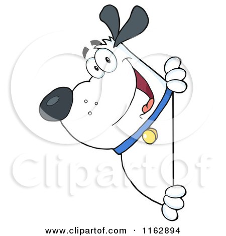 Cartoon of a Happy Chubby White Dog Looking Around a Sign - Royalty Free Vector Clipart by Hit Toon