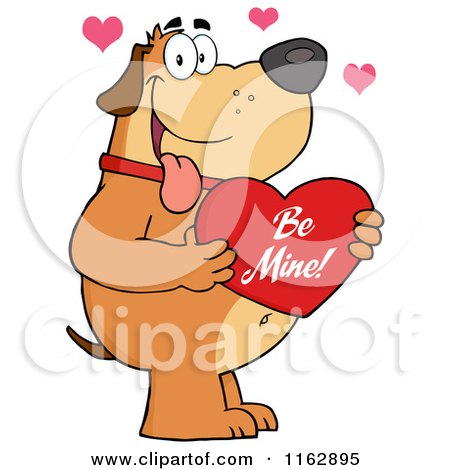 Cartoon of a Happy Chubby Brown Dog Holding a Red Be Mine Valentine Heart - Royalty Free Vector Clipart by Hit Toon