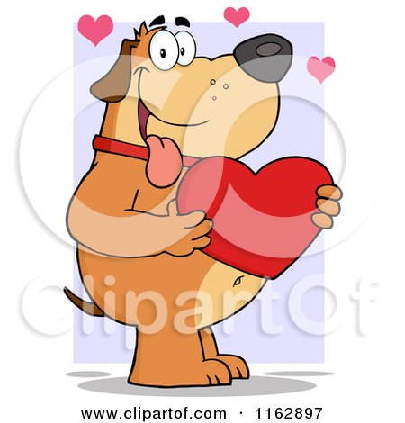 Cartoon of a Happy Chubby Brown Dog Holding a Red Valentine Heart over Purple - Royalty Free Vector Clipart by Hit Toon