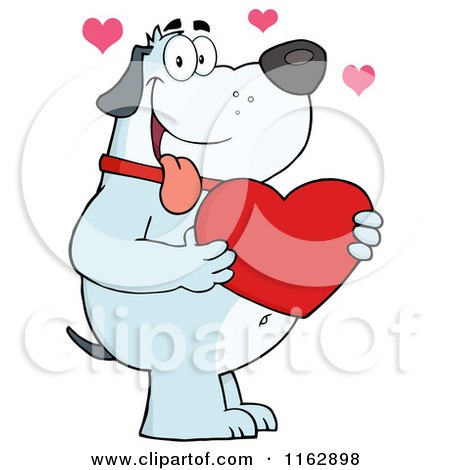 Cartoon of a Happy Chubby Blue Dog Holding a Red Valentine Heart - Royalty Free Vector Clipart by Hit Toon