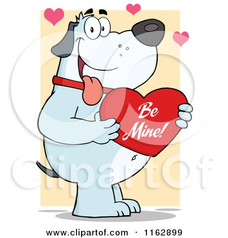 Cartoon of a Happy Chubby Blue Dog Holding a Be Mine Red Valentine Heart over Yellow - Royalty Free Vector Clipart by Hit Toon