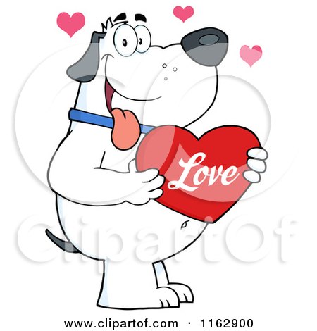Cartoon of a Happy Chubby White Dog Holding a Red Valentine Heart - Royalty Free Vector Clipart by Hit Toon