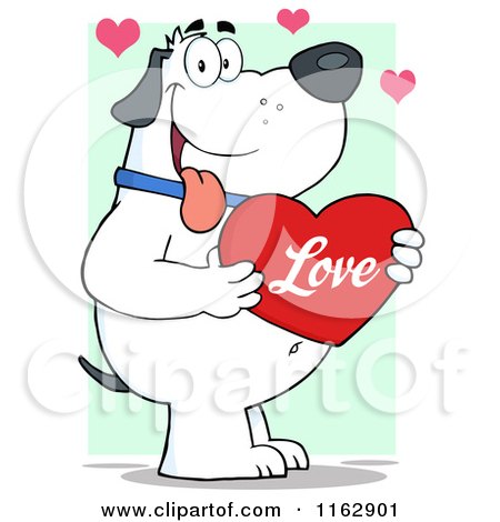 Cartoon of a Happy Chubby White Dog Holding a Red Love Valentine Heart on Green - Royalty Free Vector Clipart by Hit Toon