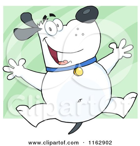 Cartoon of a Happy Chubby White Dog Jumping over Green - Royalty Free Vector Clipart by Hit Toon