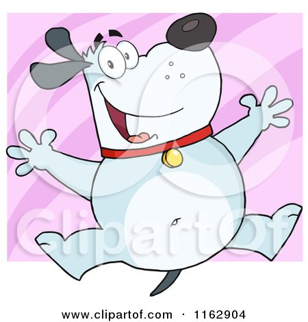 Cartoon of a Happy Chubby Blue Dog Jumping over Pink - Royalty Free Vector Clipart by Hit Toon