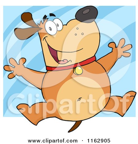 Cartoon of a Happy Chubby Brown Dog Jumping over Blue - Royalty Free Vector Clipart by Hit Toon
