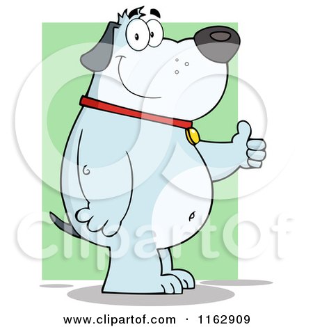 Cartoon of a Happy Chubby Blue Dog Standing and Holding a Thumb up over Green - Royalty Free Vector Clipart by Hit Toon