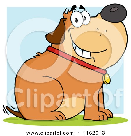Cartoon of a Happy Chubby Brown Dog Sitting and Wagging His Tail over Blue - Royalty Free Vector Clipart by Hit Toon