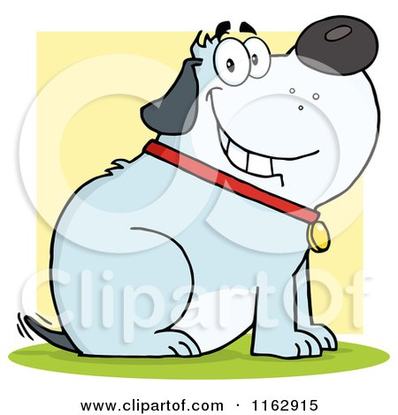 Cartoon of a Happy Chubby Blue Dog Sitting and Wagging His Tail over Yellow - Royalty Free Vector Clipart by Hit Toon