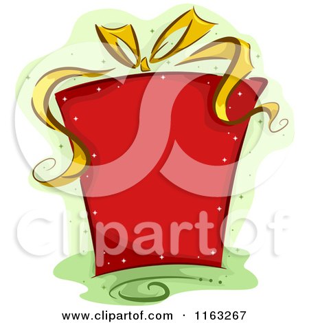 Cartoon of a Sparkly Red Christmas Gift Box with a Golden Ribbon over Green - Royalty Free Vector Clipart by BNP Design Studio