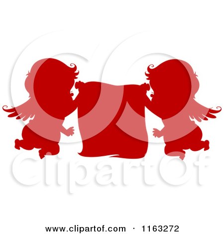 Cartoon of Silhouetted Red Cupids Holding a Sign - Royalty Free Vector Clipart by BNP Design Studio