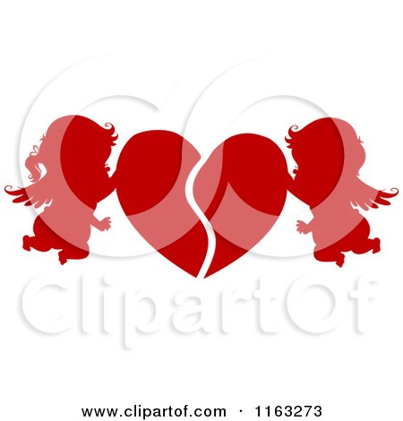 Cartoon of Silhouetted Red Cupids Mending a Broken Heart - Royalty Free Vector Clipart by BNP Design Studio