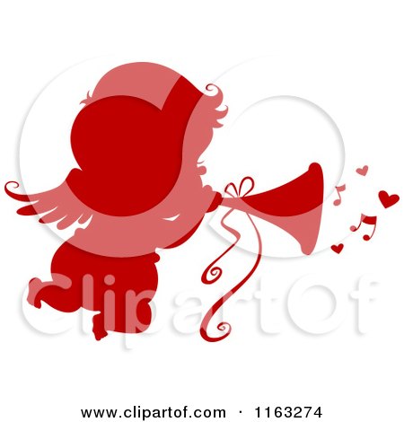 Cartoon of a Silhouetted Red Cupid Blowing a Horn with Music Notes - Royalty Free Vector Clipart by BNP Design Studio