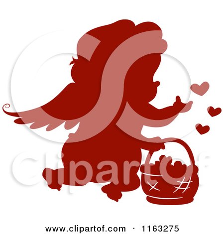 Cartoon of a Silhouetted Red Cupid with a Basket of Hearts - Royalty Free Vector Clipart by BNP Design Studio