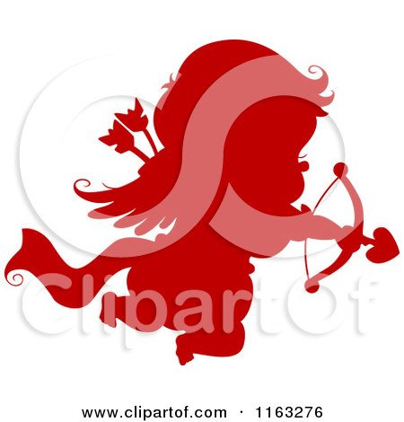 Cartoon of a Silhouetted Red Cupid Aiming His Arrow - Royalty Free Vector Clipart by BNP Design Studio