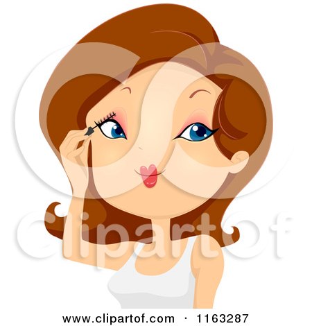 Cartoon of a Brunette Woman Applying Mascara Makeup - Royalty Free Vector Clipart by BNP Design Studio
