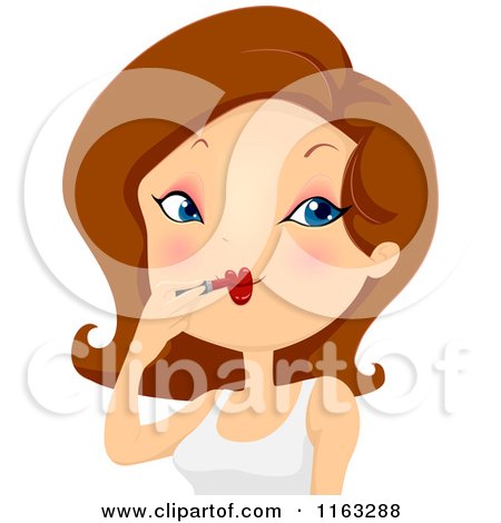 Cartoon of a Brunette Woman Applying Lipstick Makeup - Royalty Free Vector Clipart by BNP Design Studio