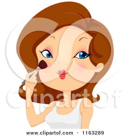 Cartoon of a Brunette Woman Applying Blush Makeup - Royalty Free Vector Clipart by BNP Design Studio