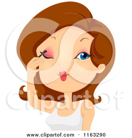 Cartoon of a Brunette Woman Applying Eyeshadow Makeup - Royalty Free Vector Clipart by BNP Design Studio