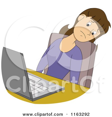Cartoon of a Female Author Blogger or Student Thinking by a Laptop - Royalty Free Vector Clipart by BNP Design Studio