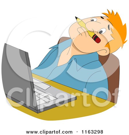 Cartoon of a Male Author or Student Balanching a Pencil on His Upper Lip and Thinking by a Laptop - Royalty Free Vector Clipart by BNP Design Studio