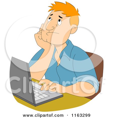 Cartoon of a Male Author or Student Thinking by a Laptop - Royalty Free Vector Clipart by BNP Design Studio