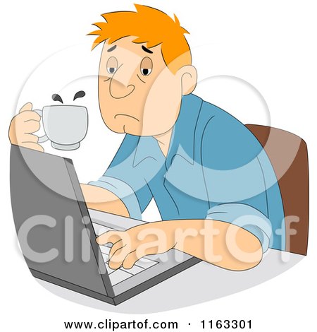 Cartoon of a Tired Male Author or Student Typing and Holding Coffee - Royalty Free Vector Clipart by BNP Design Studio
