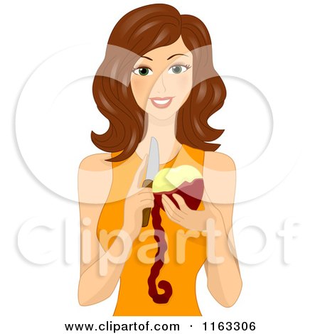 Cartoon of a Brunette Woman Peeling an Apple - Royalty Free Vector Clipart by BNP Design Studio