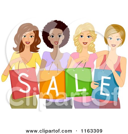 Cartoon of a Diverse Group of Ladies Holding Sale Shopping Bags - Royalty Free Vector Clipart by BNP Design Studio