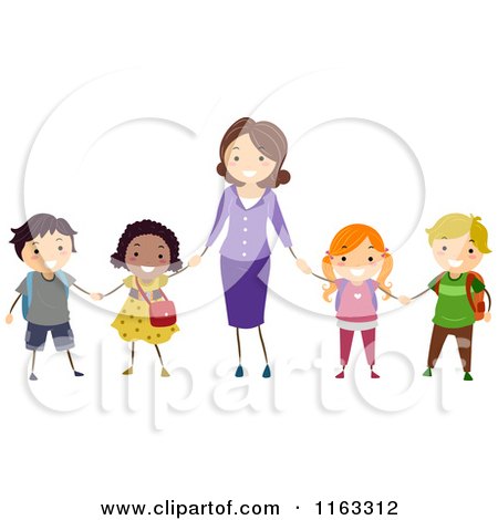 Cartoon of a Happy Teaher Holding Hands with Her Diverse Students - Royalty Free Vector Clipart by BNP Design Studio
