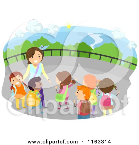 Cartoon of a Female Teacher and Happy Diverse School Children on a Field Trip - Royalty Free Vector Clipart by BNP Design Studio