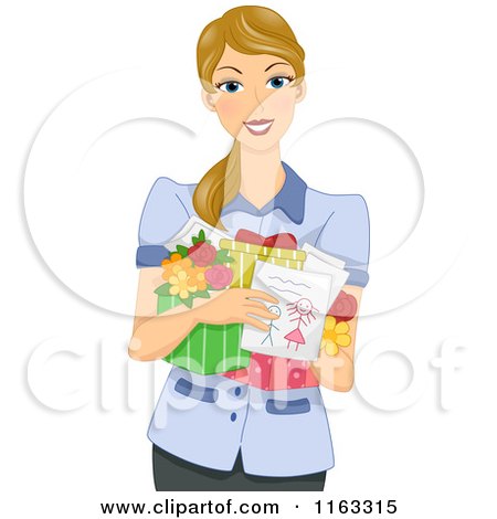 Cartoon of a Blond Teacher or Mother Holding Gifts - Royalty Free Vector Clipart by BNP Design Studio
