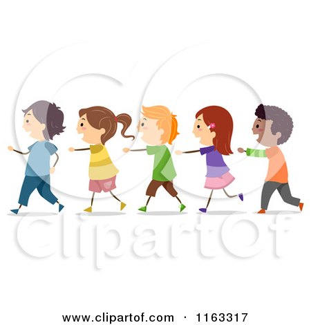 Cartoon of Happy Diverse Students Walking in a Single File Line - Royalty Free Vector Clipart by BNP Design Studio