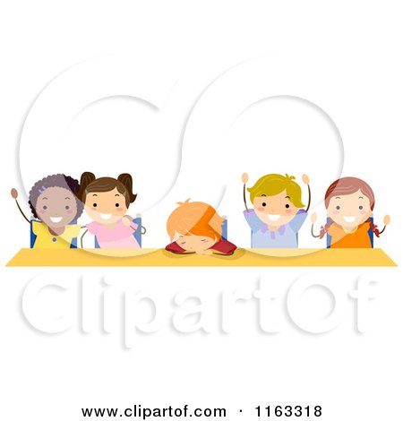 Cartoon of Happy Diverse Students and One Tired One at a Desk - Royalty Free Vector Clipart by BNP Design Studio