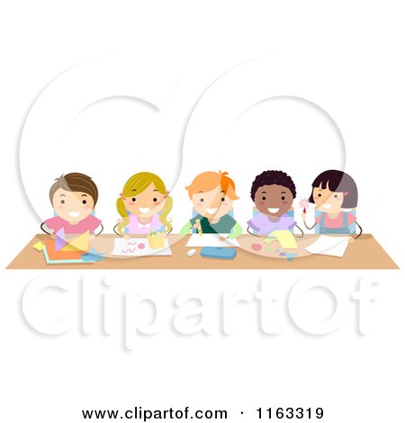 Cartoon of Happy Diverse Students Working on Art Projects at a Desk - Royalty Free Vector Clipart by BNP Design Studio