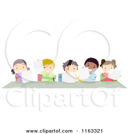 Cartoon of Happy Diverse Students Holding Papers at a Desk - Royalty Free Vector Clipart by BNP Design Studio