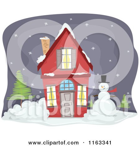 Cartoon of a Red Christmas House with a Snowman - Royalty Free Vector Clipart by BNP Design Studio