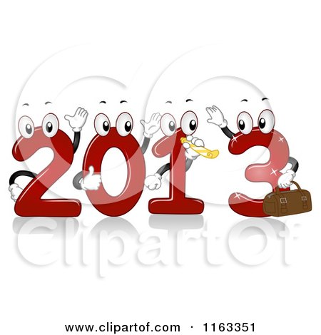 Cartoon of Red 2013 Numbers Waving and Blowing a Noise Maker - Royalty Free Vector Clipart by BNP Design Studio