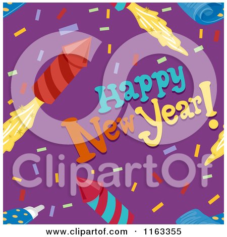Cartoon of a Seamless Happy New Year Confetti and Rocket Firework Background - Royalty Free Vector Clipart by BNP Design Studio